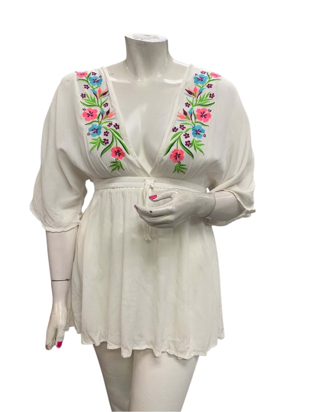 Miken White V-Neck Tunic with Pink and Blue Floral Embroidery Size M